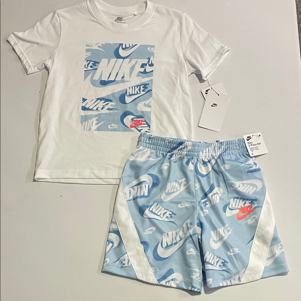 NEW! NIKE 2-PIECE T-SHIRT AND NIKE LOGO SHORTS SET. SIZE 6. BOYS.